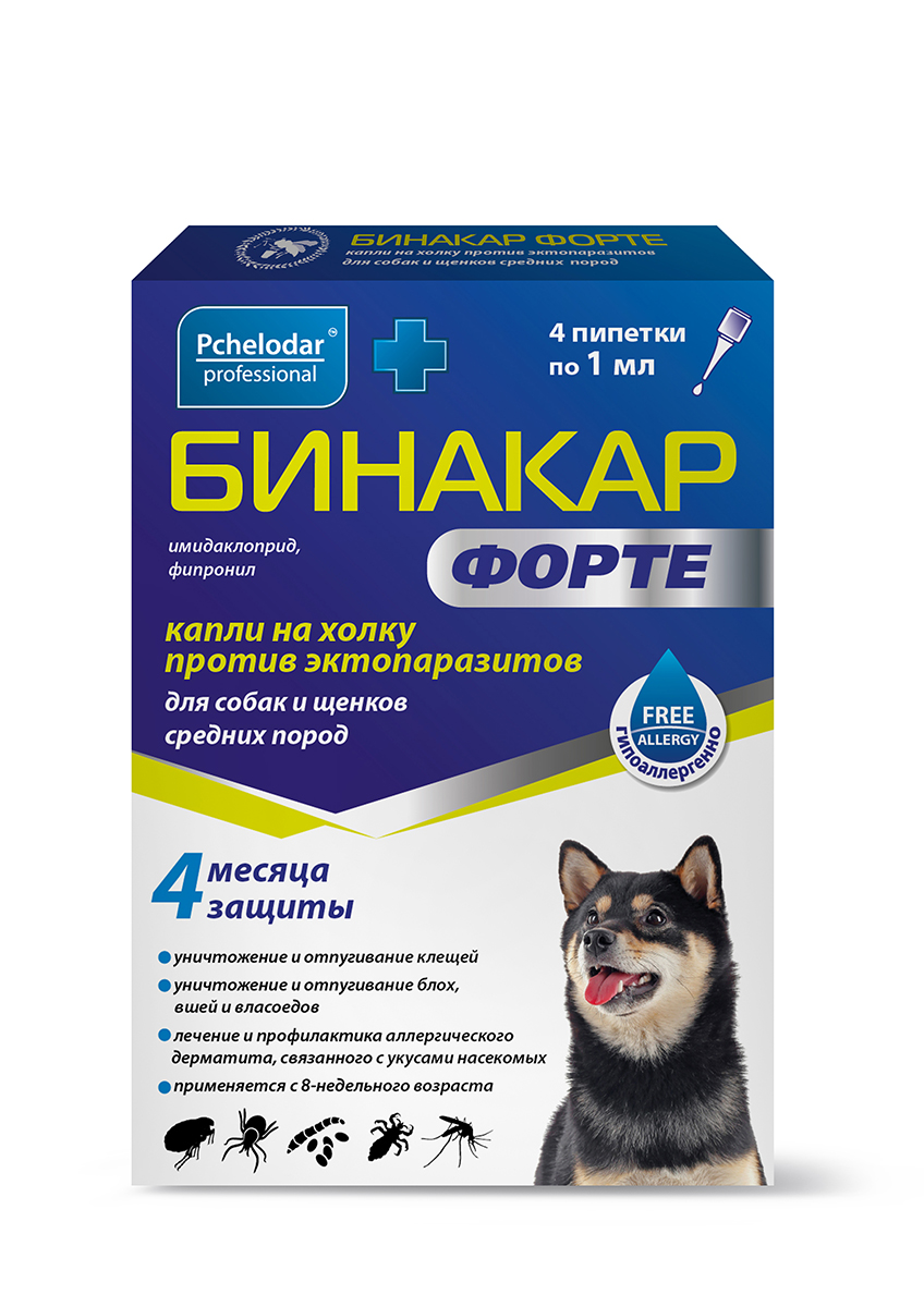 БИНАКАР ФОРТЕ ДЛЯ СОБАК И ЩЕНКОВ СРЕДНИХ ПОРОД (4 ПИПЕТКИ ПО 1 МЛ)